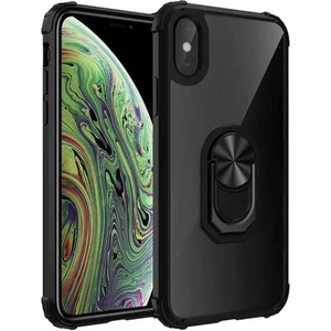 Apple iPhone X Kapak Şeffaf Yüzüklü Kenar Korumalı Standlı Kılıf - Siyah