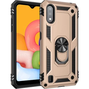 Hesaplı Dünya Samsung Galaxy A01 Kılıf A015 Selfie Yüzüklü Iki Katmanlı Koruyucu VGA Gold
