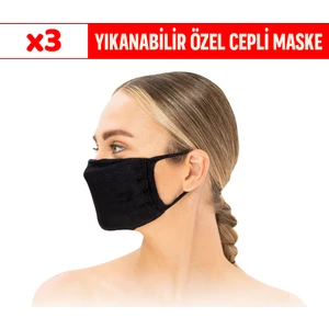 Superior Masqe 2 Katlı Cepli Yıkanabilir Antibakteriyel Maske 3 Adet Siyah