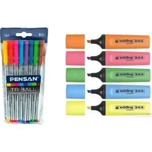 Fosforlu Kalem E-344 5 Li Poşet Ed344P599 + Pensan Tükenmez Trıball 1Mm Renkli 8 Li Set 01003
