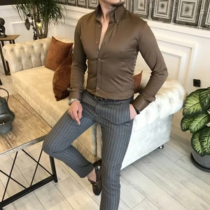 Terzi Adem Italyan Stil Slim Fit Dik Yaka Saten Erkek Gömlek Açık Kahve T5103