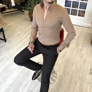 Terzi Adem Italyan Stil Slim Fit Dik Yaka Saten Erkek Gömlek Vizon T5104