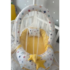 Jaju Baby Karışık Yıldızlı Sarı Cibinlik ve Oyuncak Askılı Lüx Tasarım Babynest