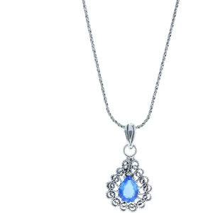 Midyat Nurtaş Gümüş Akuamarin Taşlı Damla Model Oksitli Telkari Gümüş Kolye