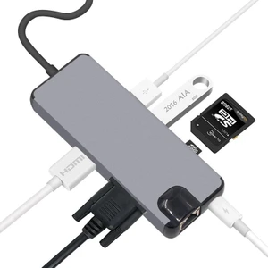 Case 4U 8in1 PD USB-C to HDMI VGA Ethernet SD Kart USB 3.0 Power Delivery Type-C Hub