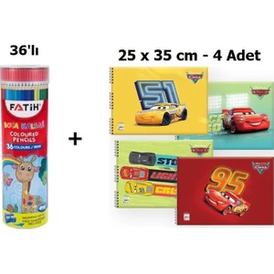 36'lı Metal Tüpte Kuruboya + Cars 25 x 35 cm Spiralli Resim Defteri 4'lü