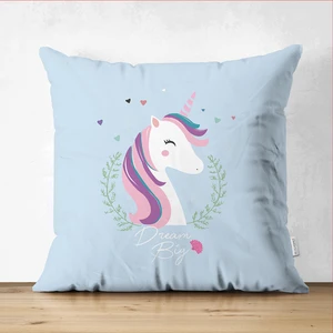 Çift Taraflı Mavi Zeminli Magic Unicorn Tasarımlı Çocuk Odası Süet Yastık Kırlent Kılıfı