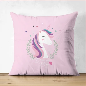 Çift Taraflı Pembe Zeminli Magic Unicorn Tasarımlı Çocuk Odası Süet Yastık Kırlent Kılıfı