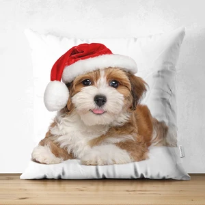 Yılbaşı Şapkalı Köpek Desenli Dijital Baskılı Modern Çift Taraflı Süet Yastık Kırlent Kılıfı
