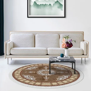 Alanur Home Alanur Star Kaymaz Pamuk Tabanlı Saçaklı Yıkanabilir Dijital Halı Yuvarlak Bej