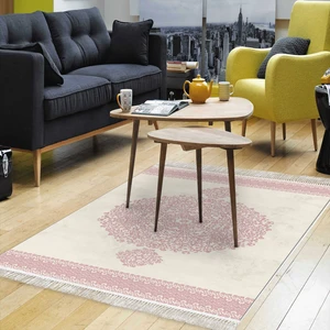 Alanur Home Alanur Yıldız Kaymaz Deri Tabanlı Saçaklı Yıkanabilir Dijital Halı Krem Pudra