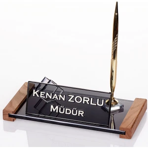 İsimlik Sepeti Kişiye Özel Safir Kristal Masa İsimliği  Ahşap Ofis Masaüstü İsimlik