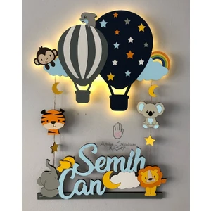 Atölye Selçukum Işıklı İsme Özel Ahşap Bebek Odası Kapı Süsü - Uçan Balon & Hayvanlar