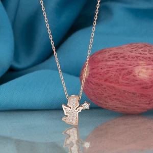 Gümüş Kolye  Swarovskı Taşlı Peri Temalı Rose Kaplama Kadın Kolye