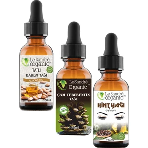 Le Sandre Organics Badem Yağı+Çam Terebentin Yağı+Hint Yağı Kaş Kirpik Bakımı 3 Lü Set