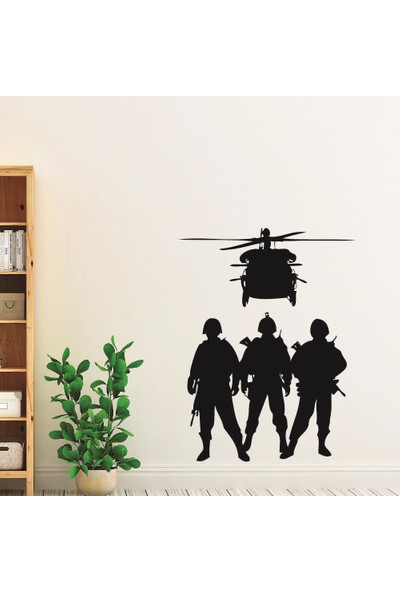 Dijitalya 3 Asker ve Helikopter Sticker | Duvar - Dolap | 70X105 cm | Siyah