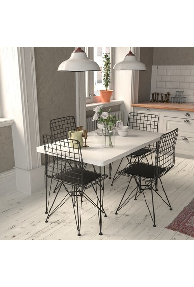 Güven Home Sümbül 4 Kişilik Beyaz Renk Mutfak Masa Takımı Mutfak Masa Tel Sandalye Takımı