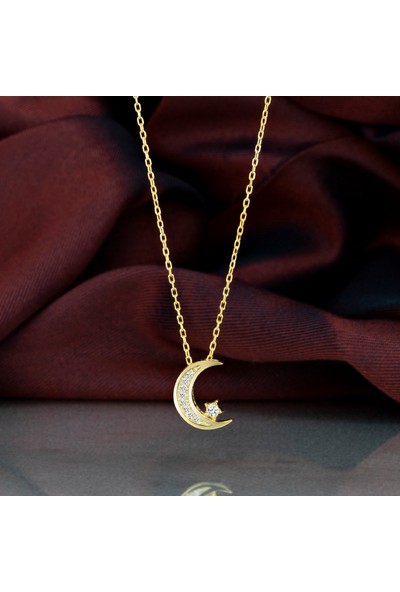 Swarovski Gümüş Kolye Swarovskı Taşlı Ay Yıldız Temalı Altın Kaplama Kadın Kolye