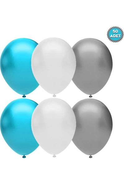 Big Party Store Mavi Gümüş Beyaz Metalik Balon 50 Li