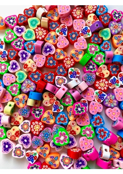 10 mm Polimer Kil Fimo Karışık Renkli Kalp Model Boncuk