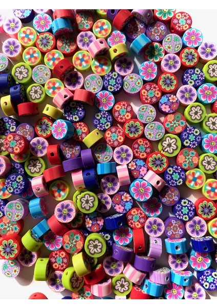 10 mm Polimer Kil Fimo Renkli Yuvarlak Çiçek Boncuk
