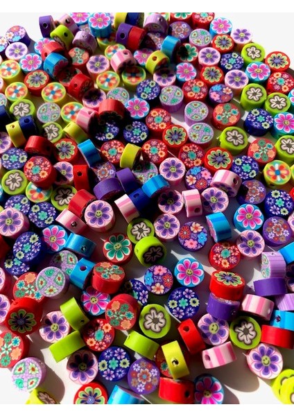 10 mm Polimer Kil Fimo Renkli Yuvarlak Çiçek Boncuk