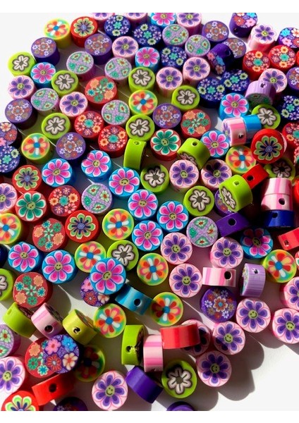 10 mm Polimer Kil Fimo Renkli Yuvarlak Çiçek Boncuk