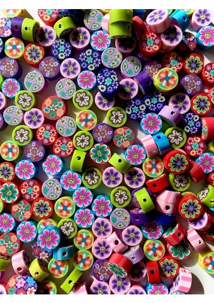 10 mm Polimer Kil Fimo Renkli Yuvarlak Çiçek Boncuk