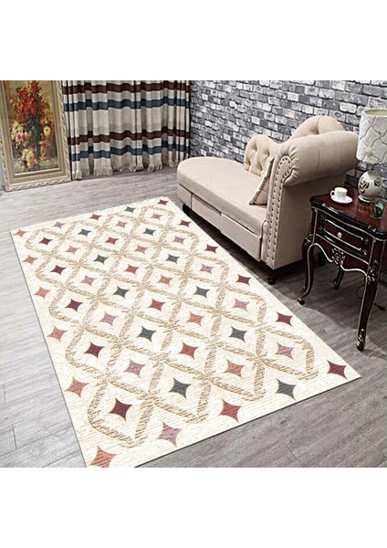 Kaymaz Dot Taban Yıkanabilir Dijital Baskı Geometrik Karo Desenli Salon Halısı 80 x 100