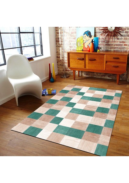 Kaymaz Dot Taban Yıkanabilir Dijital Baskı Küp Kare Desenli Salon Halısı 80 x 100