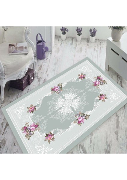 Kaymaz Dot Taban Yıkanabilir Dijital Baskı Çiçekli Eskitme Desenli Salon Halısı 80 x 100