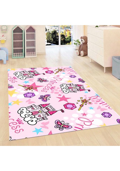 Kaymaz Dot Taban Yıkanabilir Dijital Baskı Şato Desenli Çocuk Halısı 80 x 100