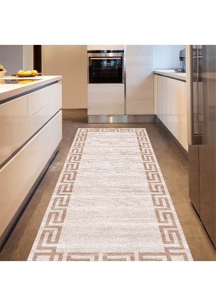 Kaymaz Dot Taban Yıkanabilir Dijital Baskı Geometrik Vizon Desenli Mutfak Halısı 80 x 100