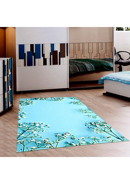 Kaymaz Dot Taban Yıkanabilir Dijital Baskı Tomurcuk Desenli Salon Halısı 100 x 600