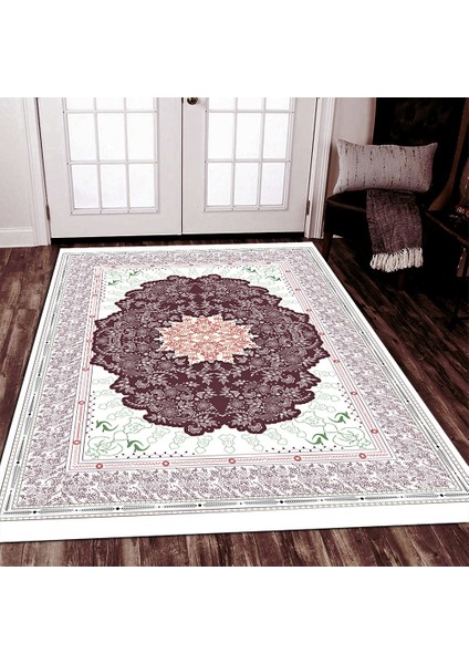 Kaymaz Dot Taban Yıkanabilir Dijital Baskı Klasik Dantel Desenli Salon Halısı 80 x 350