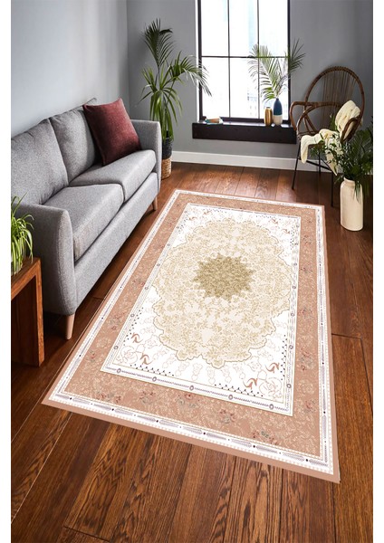 Kaymaz Dot Taban Yıkanabilir Dijital Baskı Tarihi Motifli Çerçeve Desenli Salon Halısı 80 x 120