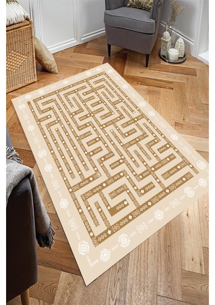 Kaymaz Dot Taban Yıkanabilir Dijital Baskı Labirent Çizgi Desenli Salon Halısı 80 x 600