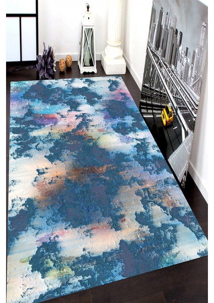 Kaymaz Dot Taban Yıkanabilir Dijital Baskı Çatlak Gölge Desenli Salon Halısı 200 x 300