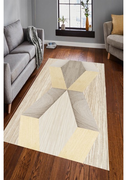 Kaymaz Dot Taban Yıkanabilir Dijital Baskı İki Boyutlu Ahşap Tasarımlı Desen Salon Halısı 80 x 250