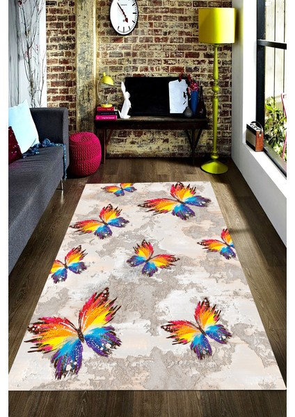 Kaymaz Dot Taban Yıkanabilir Dijital Baskı Çizgili Kelebek Desenli Salon Halısı 80 x 200
