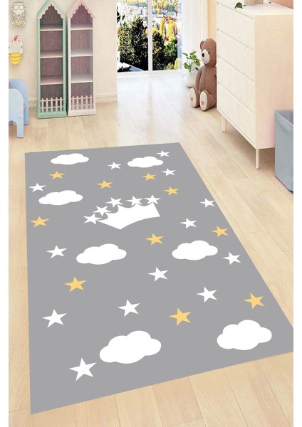 Kaymaz Dot Taban Yıkanabilir Dijital Baskı Yıldız Bulut Desenli Çocuk Halısı 80 x 250