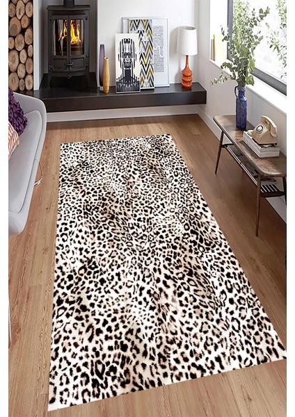 Kaymaz Dot Taban Yıkanabilir Dijital Baskı Leopar Desenli Salon Halısı 80 X 135