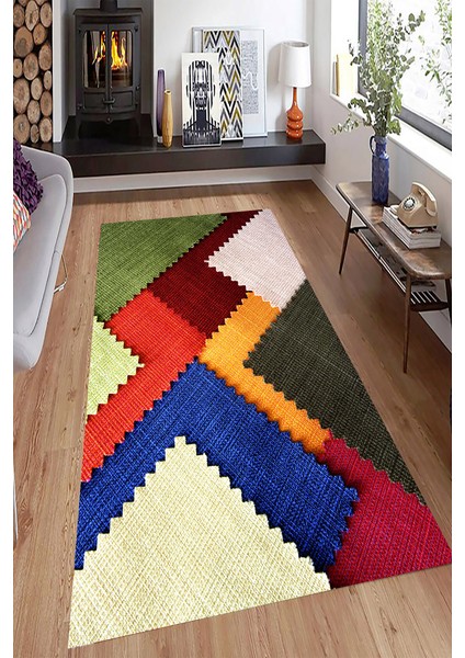 Kaymaz Dot Taban Yıkanabilir Dijital Baskı Renkli Geometrik Desenli Salon Halısı 80 x 120