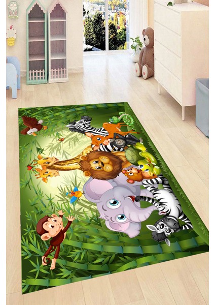 Kaymaz Dot Taban Yıkanabilir Dijital Baskı Çizgi Film Hayvan Desenli Çocuk Halısı 160 x 233