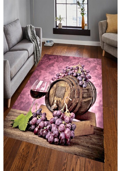 Kaymaz Dot Taban Yıkanabilir Dijital Baskı Üzüm Fıçı Desenli Salon Halısı 80 x 100