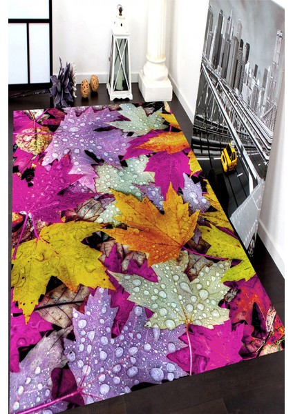 Kaymaz Dot Taban Yıkanabilir Dijital Baskı Renkli Sonbahar Yapraklı Desen Salon Halısı 80 x 250