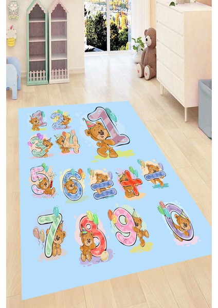 Kaymaz Dot Taban Yıkanabilir Dijital Baskı Ayıcık Ve Sayılı Çocuk Halısı 80 x 100