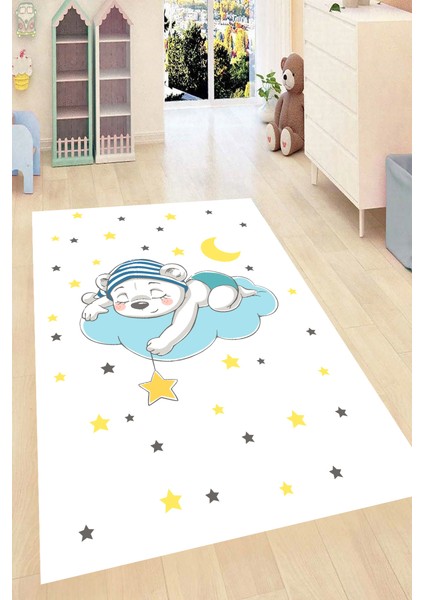 Kaymaz Dot Taban Yıkanabilir Dijital Baskı Uyku Tasarımlı Çocuk Halısı 80 x 100