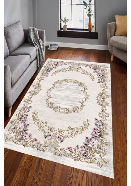 Kaymaz Dot Taban Yıkanabilir Dijital Baskı Best Altın Çiçekli Salon Halısı 80 x 200