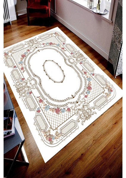 Kaymaz Dot Taban Yıkanabilir Dijital Baskı Anonim Motif Çerçeve Desenli Salon Halısı 180 x 280
